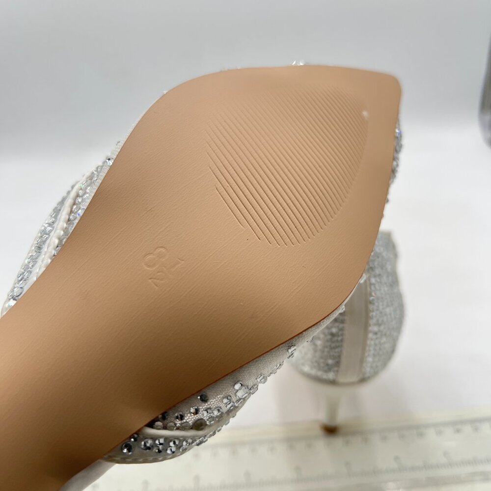 XYD Silver Pointed Toe D'Orsay Kitten Heel Rhinestone Studs Slip-On Pump - Picture 6 of 8